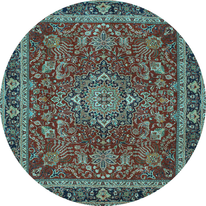 Round Machine Washable Medallion Light Blue Traditional Rug, wshtr65lblu