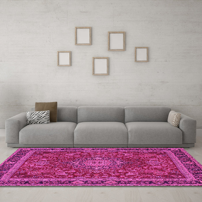 Machine Washable Medallion Pink Traditional Rug in a Living Room, wshtr65pnk
