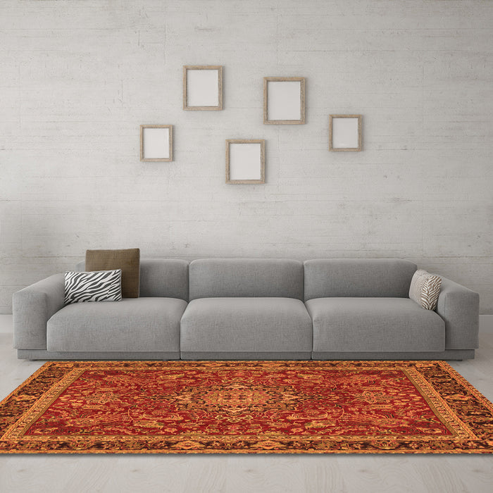 Machine Washable Medallion Orange Traditional Area Rugs in a Living Room, wshtr65org