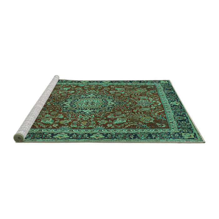 Sideview of Machine Washable Medallion Turquoise Traditional Area Rugs, wshtr65turq