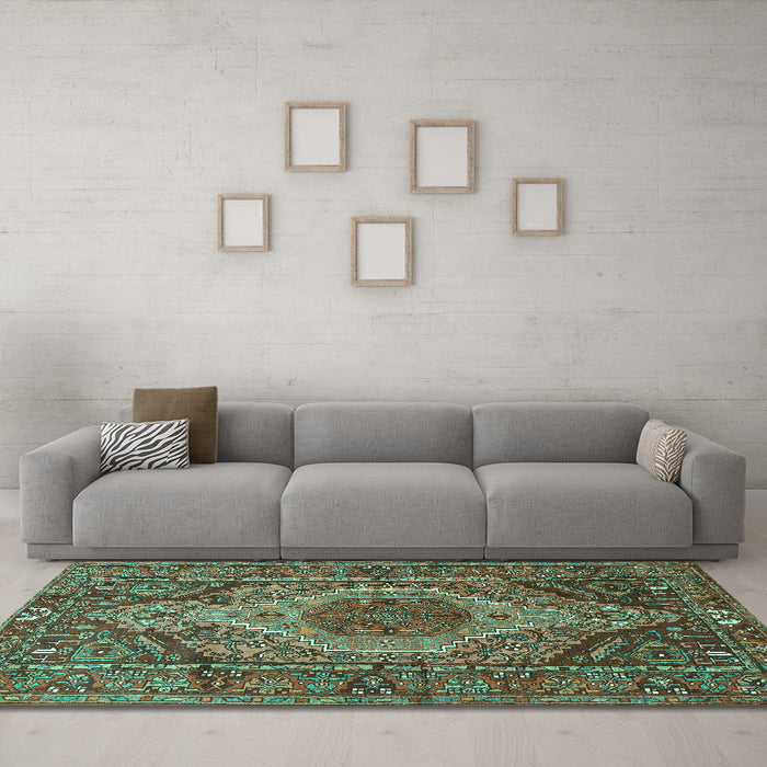 Machine Washable Persian Turquoise Traditional Area Rugs in a Living Room,, wshtr661turq