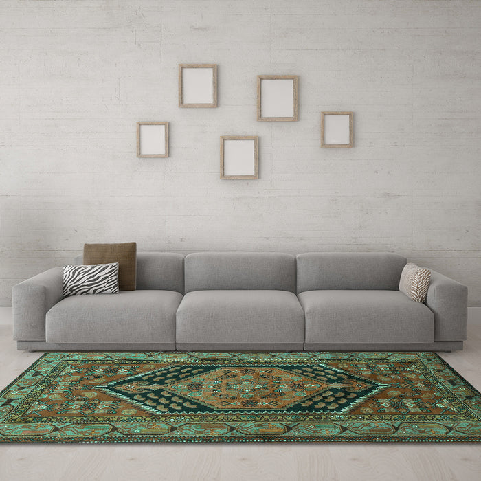 Machine Washable Persian Turquoise Traditional Area Rugs in a Living Room,, wshtr665turq