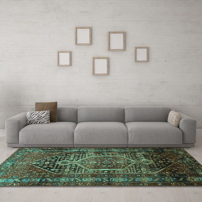Machine Washable Persian Turquoise Traditional Area Rugs in a Living Room,, wshtr669turq