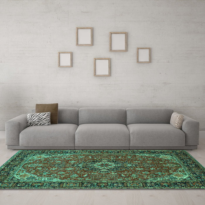 Machine Washable Medallion Turquoise Traditional Area Rugs in a Living Room,, wshtr66turq
