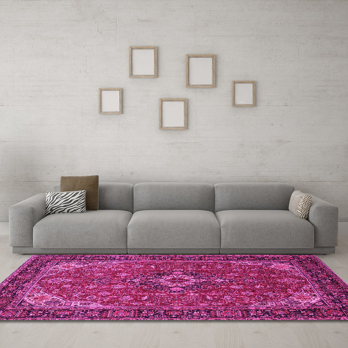 Machine Washable Medallion Pink Traditional Rug in a Living Room, wshtr66pnk