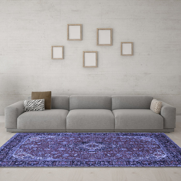 Machine Washable Medallion Blue Traditional Rug in a Living Room, wshtr66blu