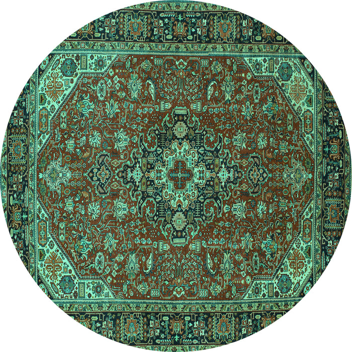 Round Machine Washable Medallion Turquoise Traditional Area Rugs, wshtr66turq