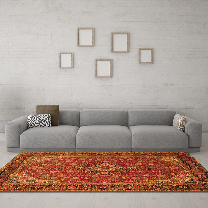 Machine Washable Medallion Orange Traditional Area Rugs in a Living Room, wshtr66org