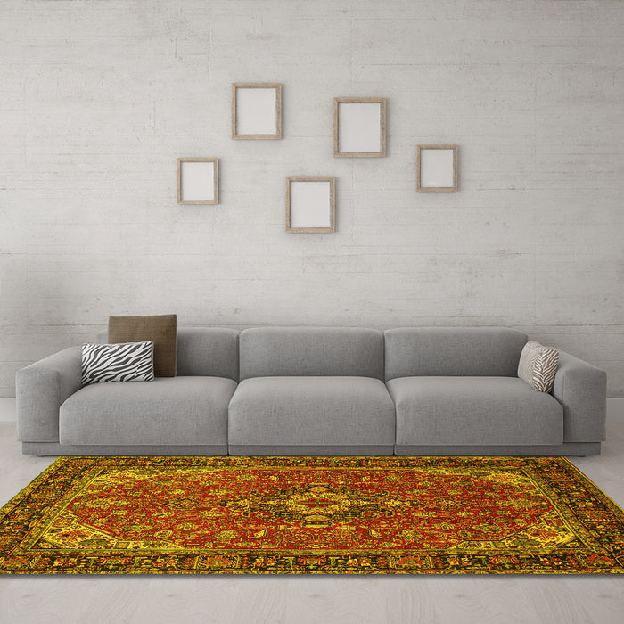 Machine Washable Medallion Yellow Traditional Rug in a Living Room, wshtr66yw