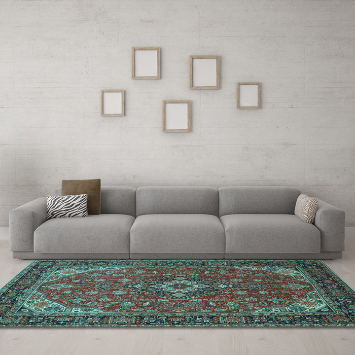 Machine Washable Medallion Light Blue Traditional Rug in a Living Room, wshtr66lblu