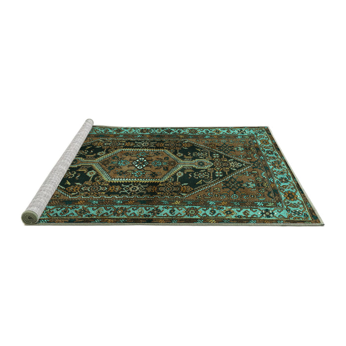 Sideview of Machine Washable Persian Turquoise Traditional Area Rugs, wshtr671turq