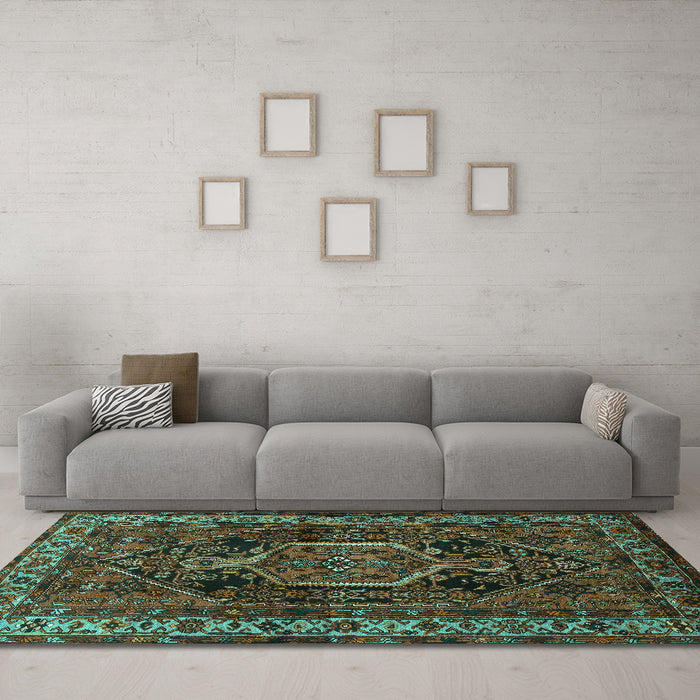 Machine Washable Persian Turquoise Traditional Area Rugs in a Living Room,, wshtr671turq