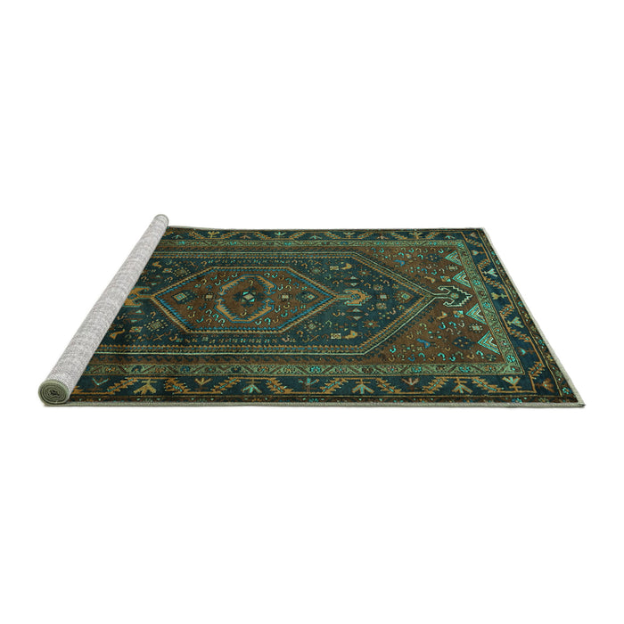 Sideview of Machine Washable Persian Turquoise Traditional Area Rugs, wshtr678turq