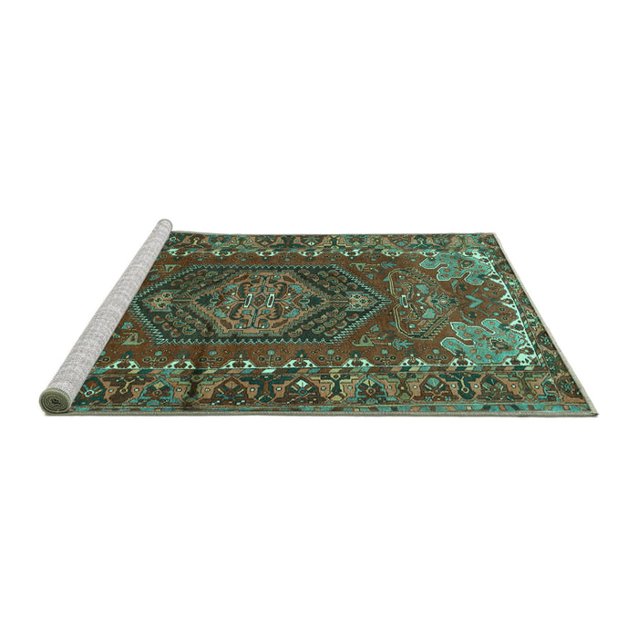 Sideview of Machine Washable Persian Turquoise Traditional Area Rugs, wshtr679turq