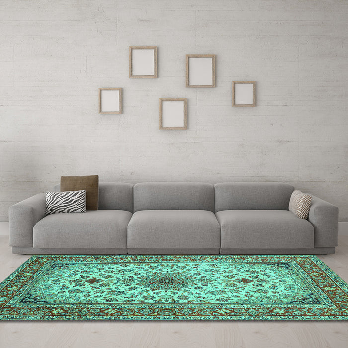 Machine Washable Medallion Turquoise Traditional Area Rugs in a Living Room,, wshtr67turq