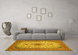 Machine Washable Medallion Yellow Traditional Rug in a Living Room, wshtr67yw