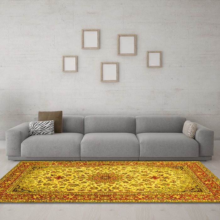 Machine Washable Medallion Yellow Traditional Rug in a Living Room, wshtr67yw