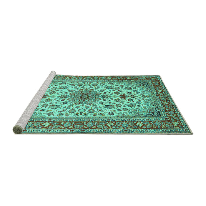 Sideview of Machine Washable Medallion Turquoise Traditional Area Rugs, wshtr67turq