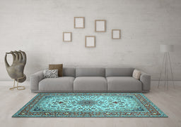 Machine Washable Medallion Light Blue Traditional Rug in a Living Room, wshtr67lblu