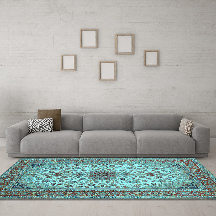 Machine Washable Medallion Light Blue Traditional Rug in a Living Room, wshtr67lblu