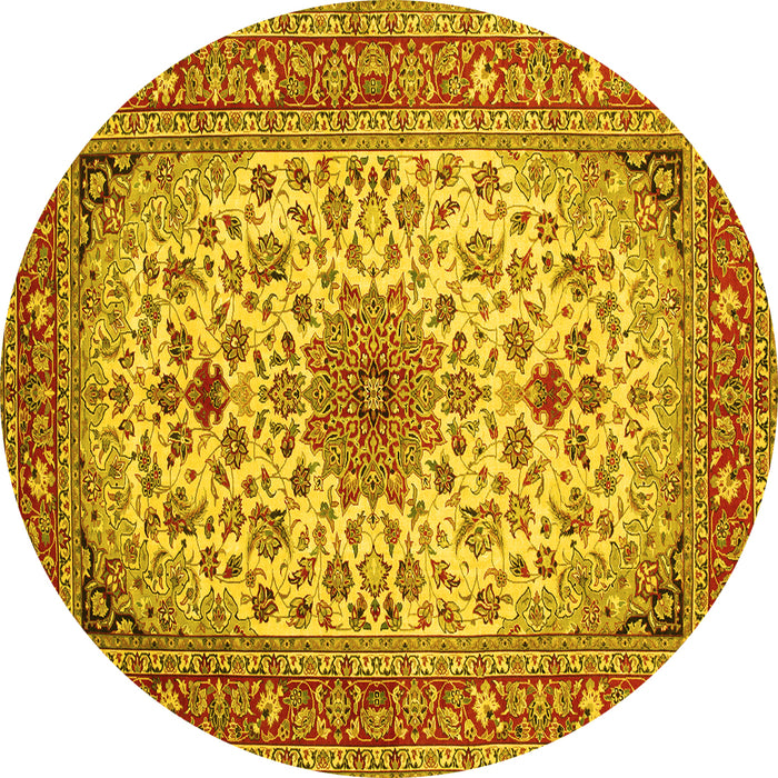 Round Machine Washable Medallion Yellow Traditional Rug, wshtr67yw