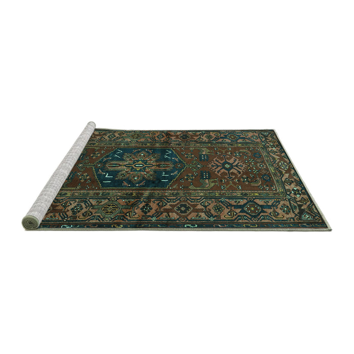 Sideview of Machine Washable Persian Turquoise Traditional Area Rugs, wshtr682turq