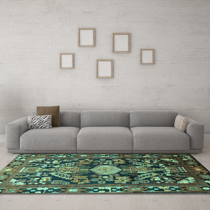 Machine Washable Animal Turquoise Traditional Area Rugs in a Living Room,, wshtr684turq
