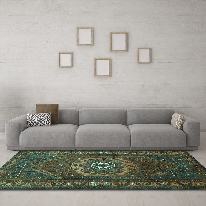Machine Washable Persian Turquoise Traditional Area Rugs in a Living Room,, wshtr686turq