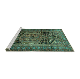 Sideview of Machine Washable Persian Turquoise Traditional Area Rugs, wshtr689turq