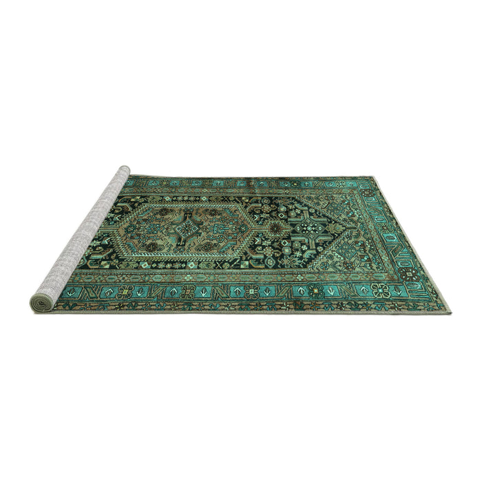 Sideview of Machine Washable Persian Turquoise Traditional Area Rugs, wshtr689turq