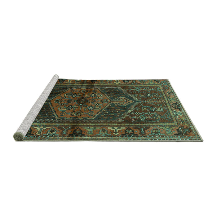 Sideview of Machine Washable Persian Turquoise Traditional Area Rugs, wshtr691turq