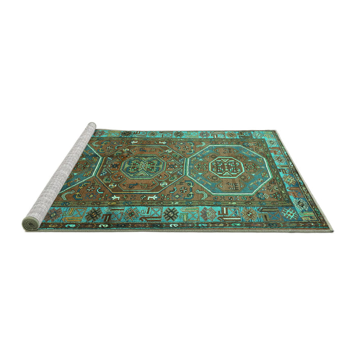Sideview of Machine Washable Persian Turquoise Traditional Area Rugs, wshtr692turq