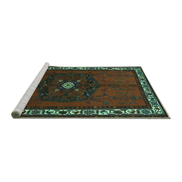 Sideview of Machine Washable Persian Turquoise Traditional Area Rugs, wshtr694turq