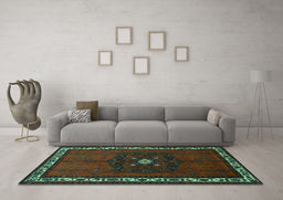 Machine Washable Persian Turquoise Traditional Area Rugs in a Living Room,, wshtr694turq
