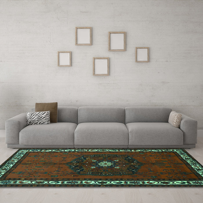 Machine Washable Persian Turquoise Traditional Area Rugs in a Living Room,, wshtr694turq