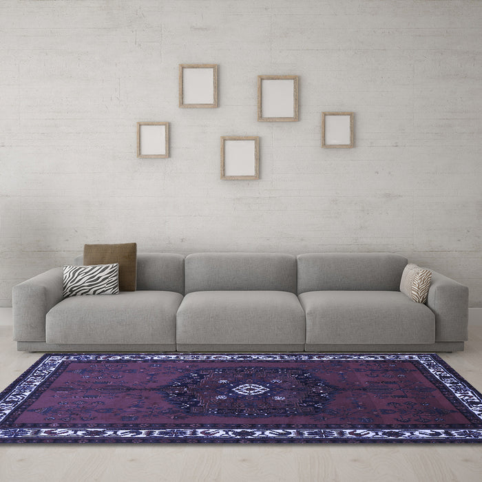 Machine Washable Persian Blue Traditional Rug in a Living Room, wshtr694blu