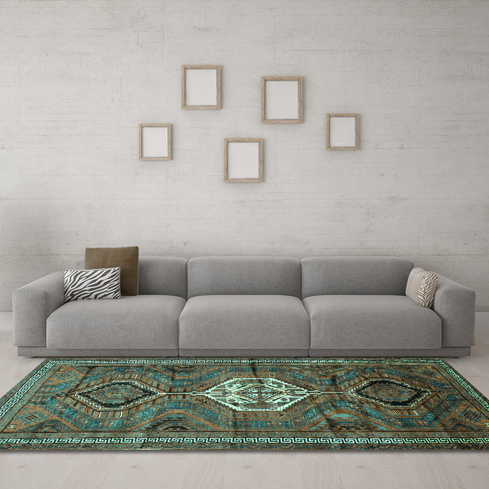 Machine Washable Persian Turquoise Traditional Area Rugs in a Living Room,, wshtr696turq
