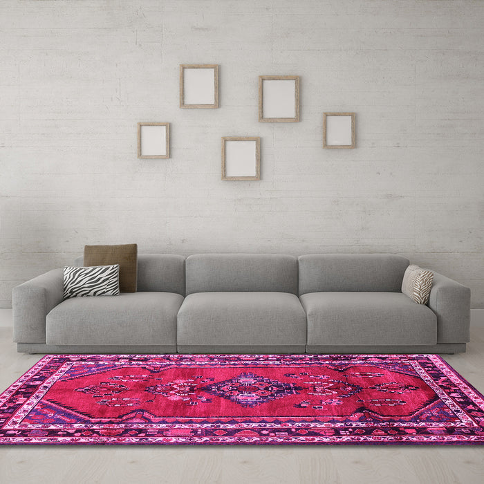 Machine Washable Persian Pink Traditional Rug in a Living Room, wshtr697pnk