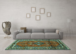 Machine Washable Persian Turquoise Traditional Area Rugs in a Living Room,, wshtr697turq
