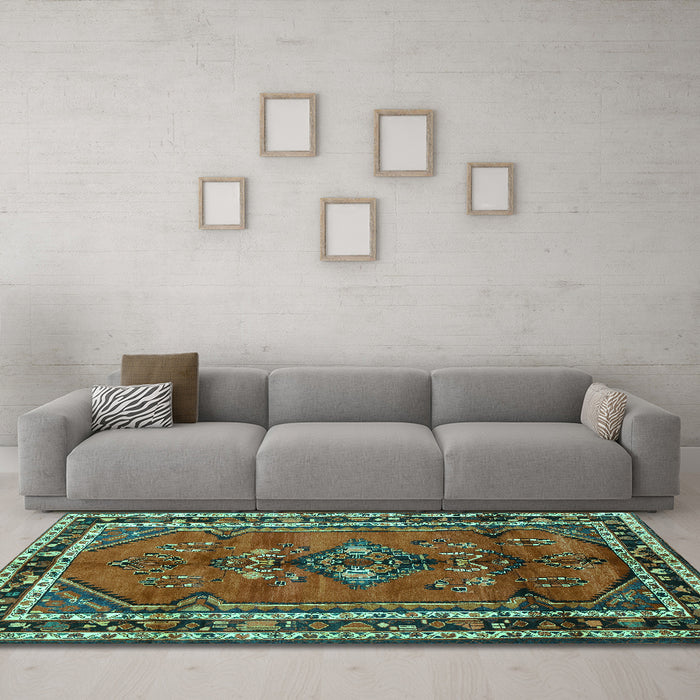 Machine Washable Persian Turquoise Traditional Area Rugs in a Living Room,, wshtr697turq