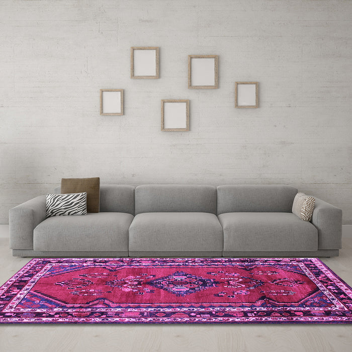 Machine Washable Persian Purple Traditional Area Rugs in a Living Room, wshtr697pur