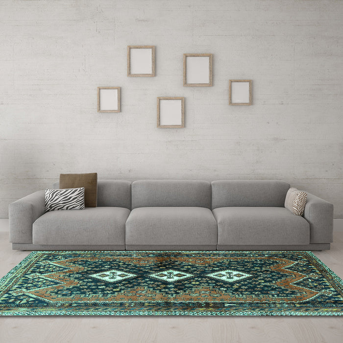 Machine Washable Persian Turquoise Traditional Area Rugs in a Living Room,, wshtr698turq