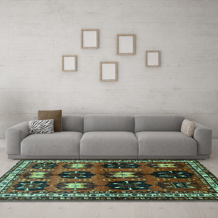 Machine Washable Persian Turquoise Traditional Area Rugs in a Living Room,, wshtr699turq