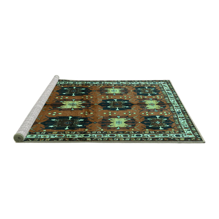 Sideview of Machine Washable Persian Turquoise Traditional Area Rugs, wshtr699turq