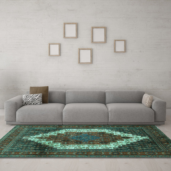 Machine Washable Persian Turquoise Traditional Area Rugs in a Living Room,, wshtr6turq