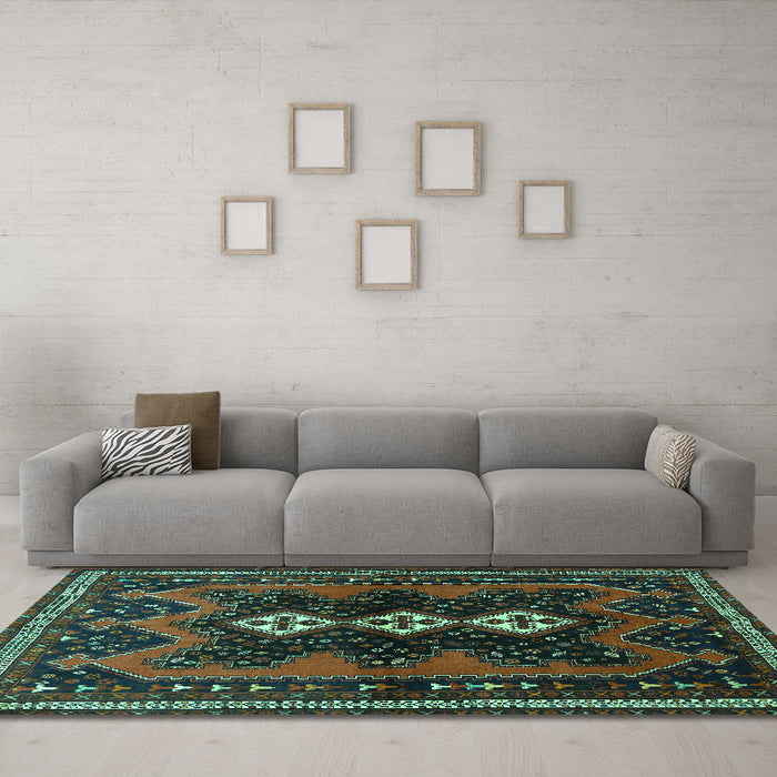 Machine Washable Persian Turquoise Traditional Area Rugs in a Living Room,, wshtr700turq