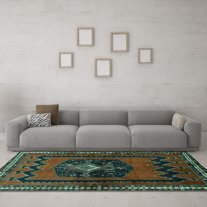 Machine Washable Persian Turquoise Traditional Area Rugs in a Living Room,, wshtr702turq