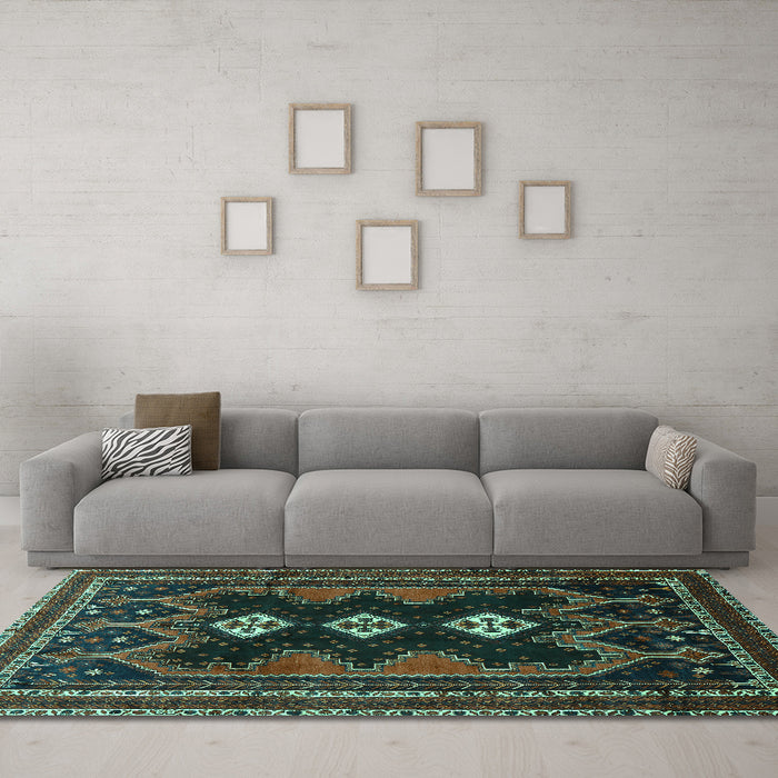 Machine Washable Persian Turquoise Traditional Area Rugs in a Living Room,, wshtr703turq