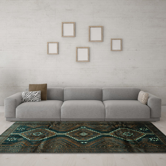 Machine Washable Persian Turquoise Traditional Area Rugs in a Living Room,, wshtr705turq