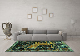 Machine Washable Animal Turquoise Traditional Area Rugs in a Living Room,, wshtr706turq